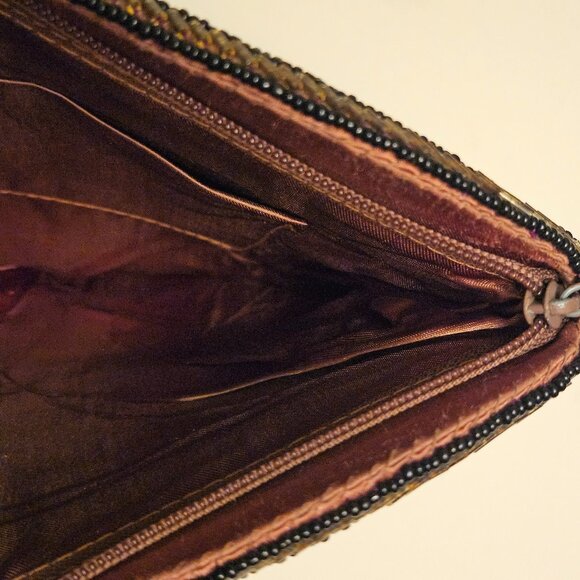 Vintage CKC Beaded Lotus Design Clutch Bag Black & Bronze Zippered Closure - Picture 3 of 6